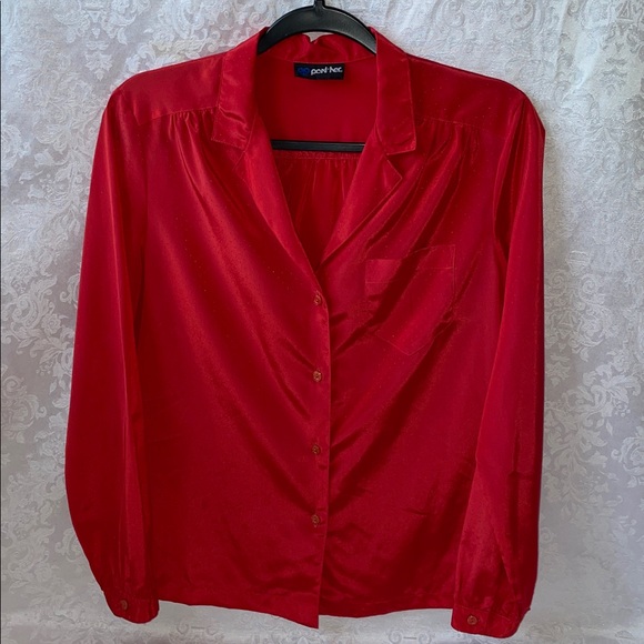 Pon-Her Tops - Vintage 1970’s Red Satin Women's Blouse. Size Small.